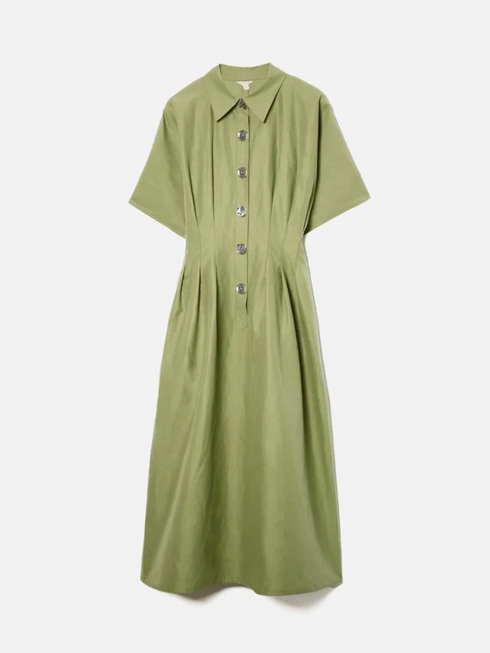 Jigsaw Cotton Stitched Pleat Dress Green Women Dresses and Jumpsuits