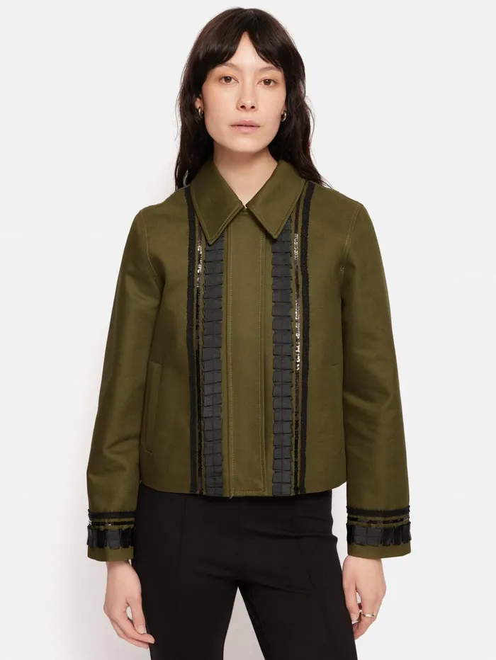 Jigsaw Cotton Trim Detail Jacket Khaki Women Coats and Jackets
