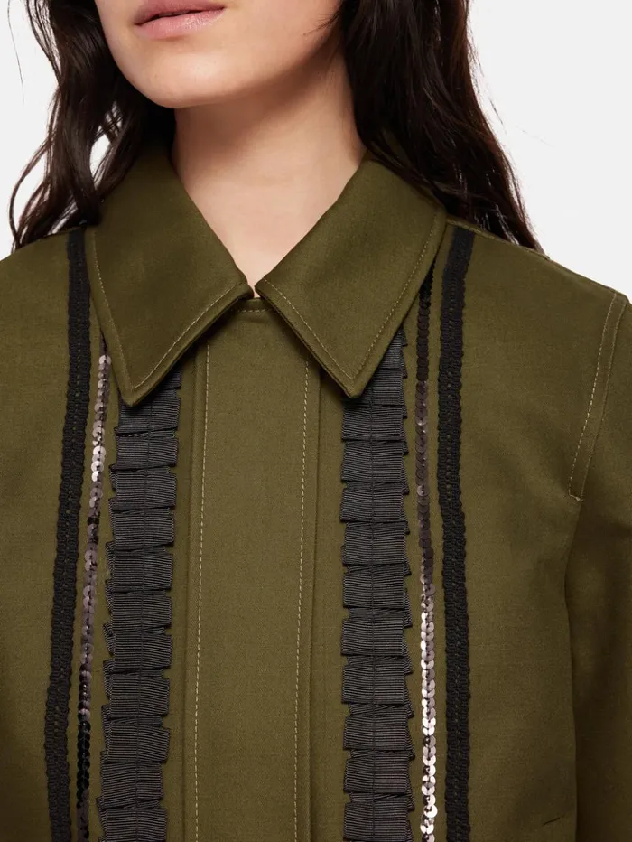 Jigsaw Cotton Trim Detail Jacket Khaki Women Coats and Jackets
