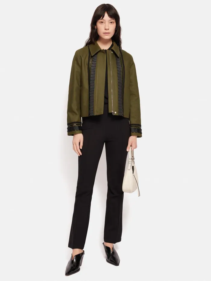 Jigsaw Cotton Trim Detail Jacket Khaki Women Coats and Jackets