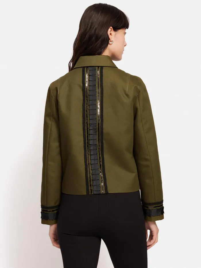 Jigsaw Cotton Trim Detail Jacket Khaki Women Coats and Jackets