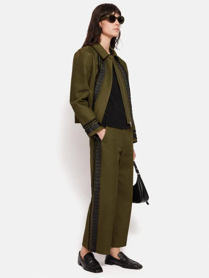 Jigsaw Cotton Trim Detail Jacket Khaki Women Coats and Jackets