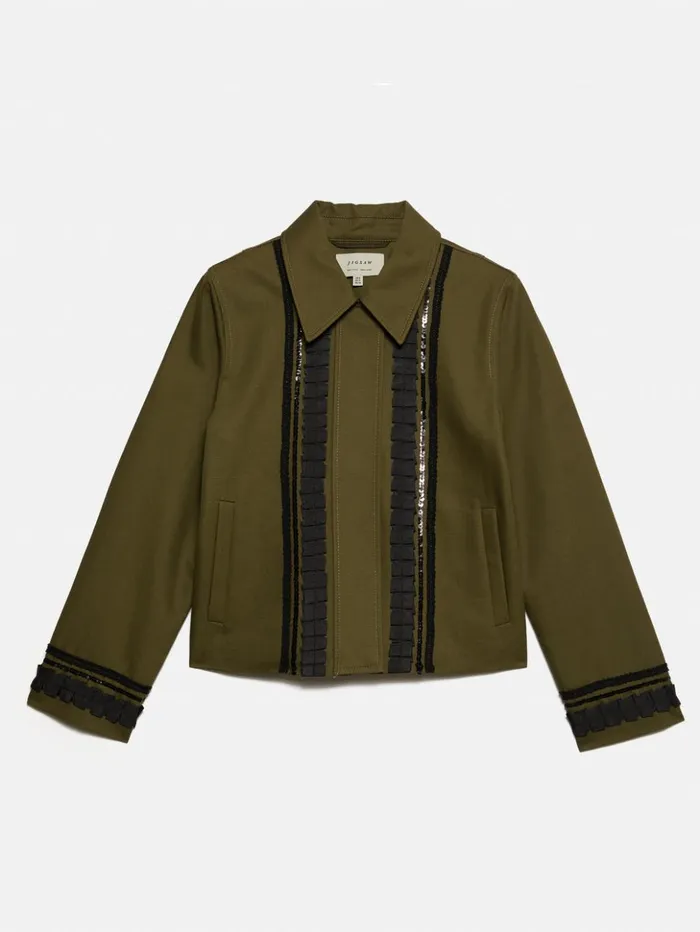 Jigsaw Cotton Trim Detail Jacket Khaki Women Coats and Jackets