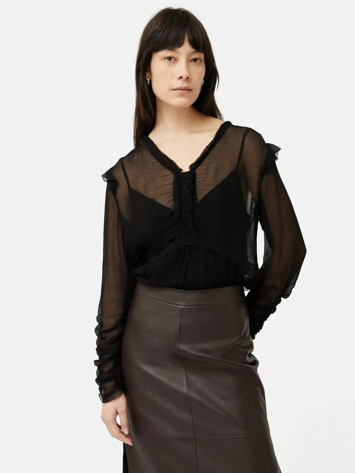 Jigsaw Crinkle Ruched Long Sleeve Top Black Women Shirts and Tops