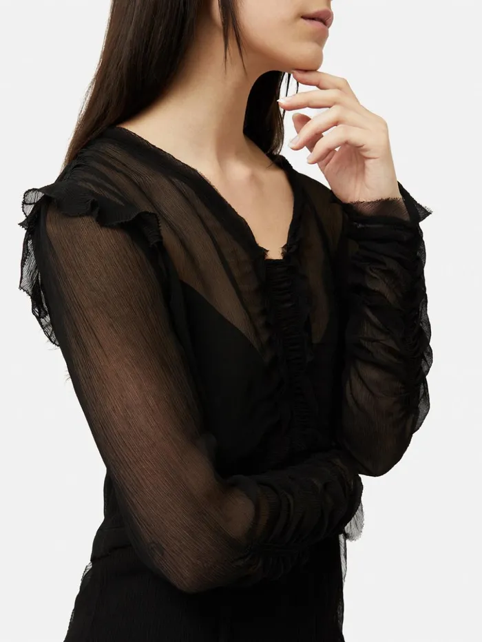 Jigsaw Crinkle Ruched Long Sleeve Top Black Women Shirts and Tops