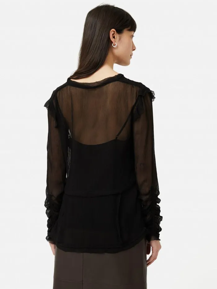 Jigsaw Crinkle Ruched Long Sleeve Top Black Women Shirts and Tops