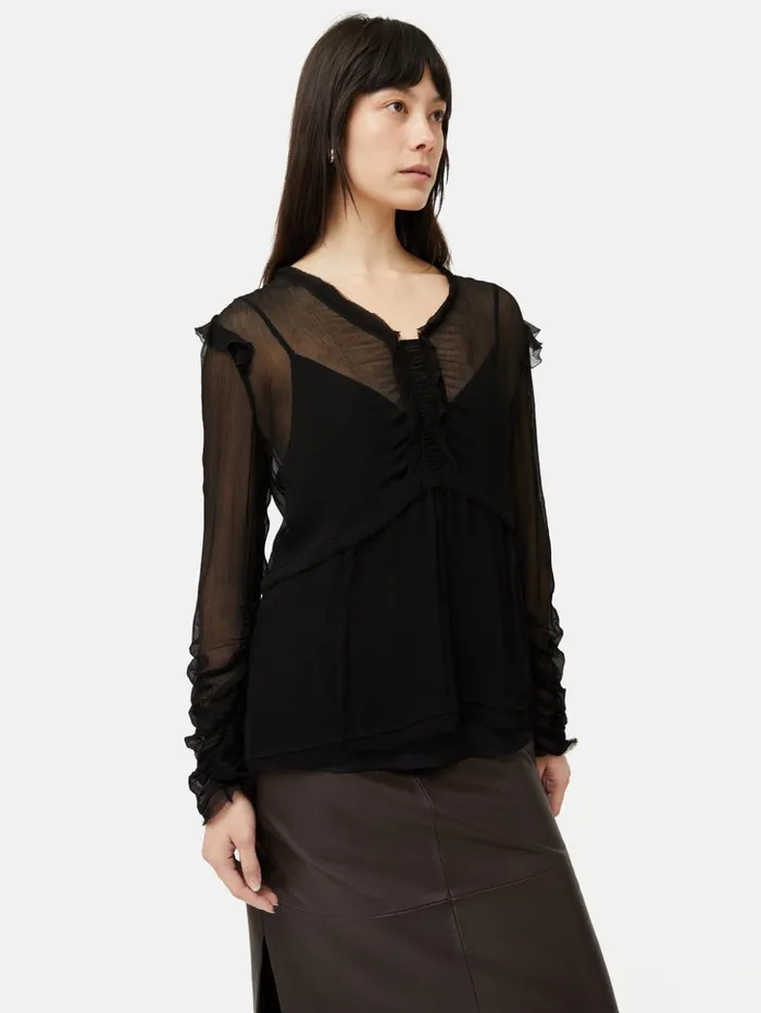 Jigsaw Crinkle Ruched Long Sleeve Top Black Women Shirts and Tops