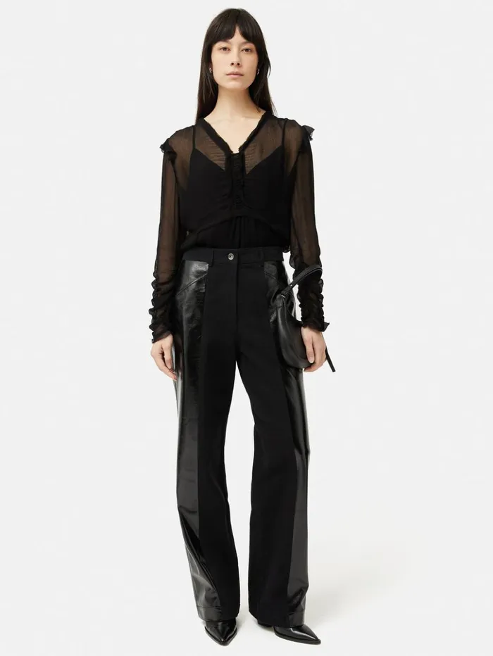Jigsaw Crinkle Ruched Long Sleeve Top Black Women Shirts and Tops