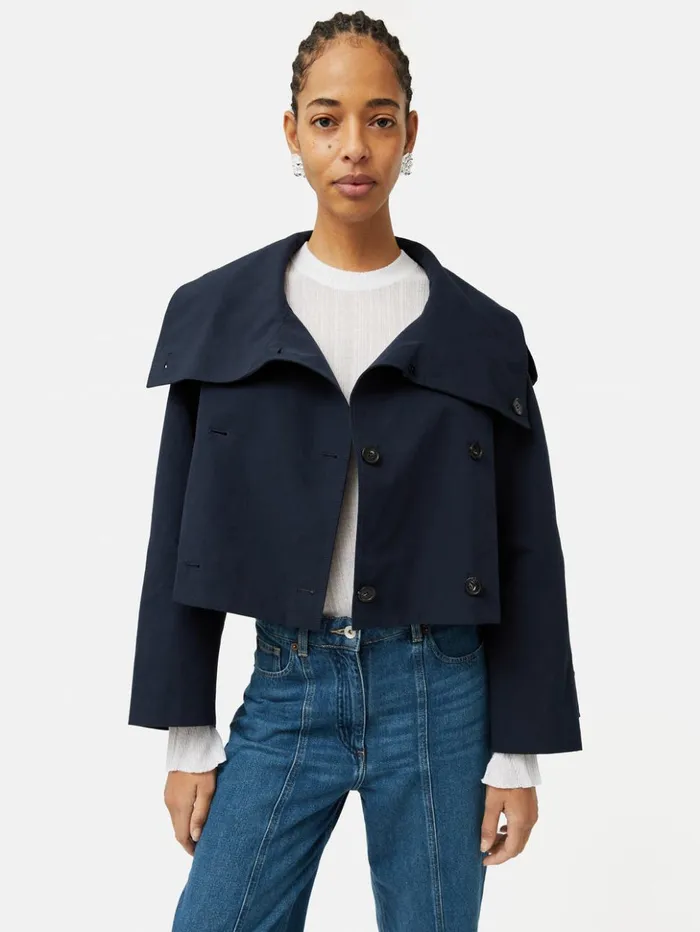 Jigsaw Cropped Cotton Trench Jacket Navy Women Coats and Jackets