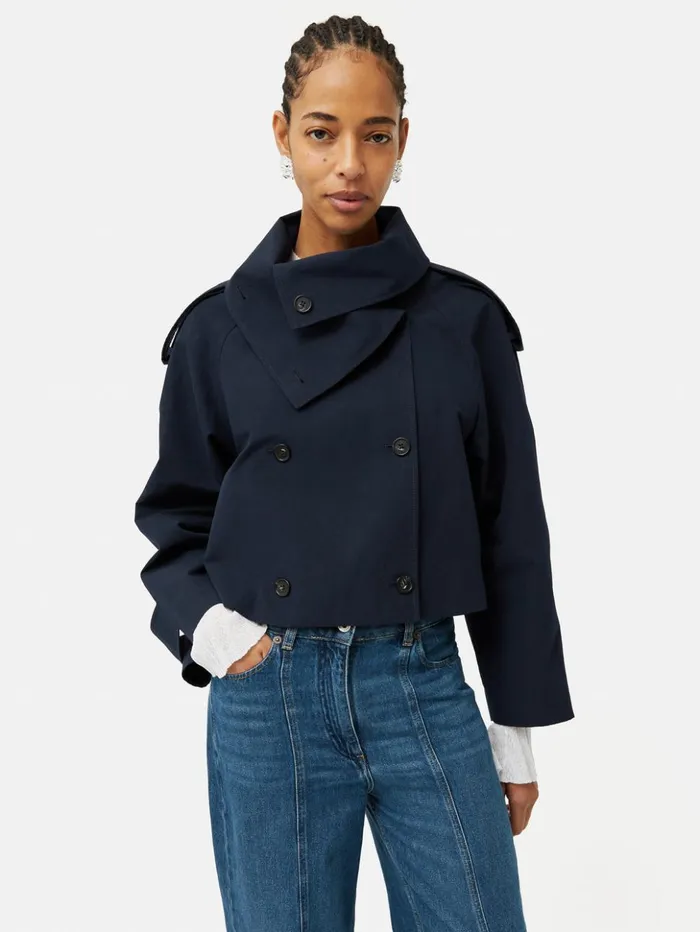 Jigsaw Cropped Cotton Trench Jacket Navy Women Coats and Jackets