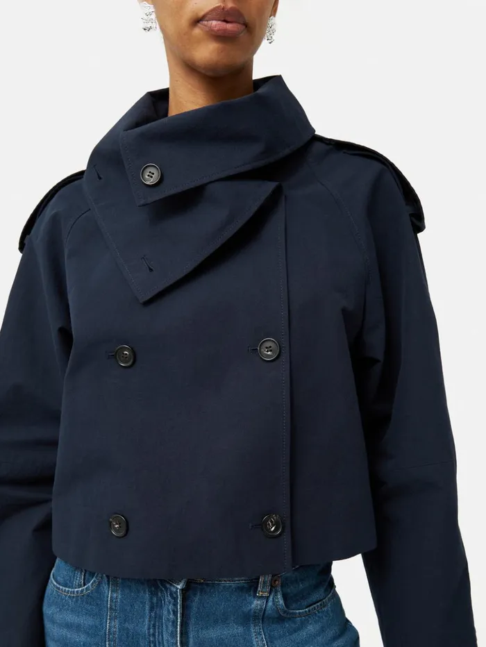Jigsaw Cropped Cotton Trench Jacket Navy Women Coats and Jackets