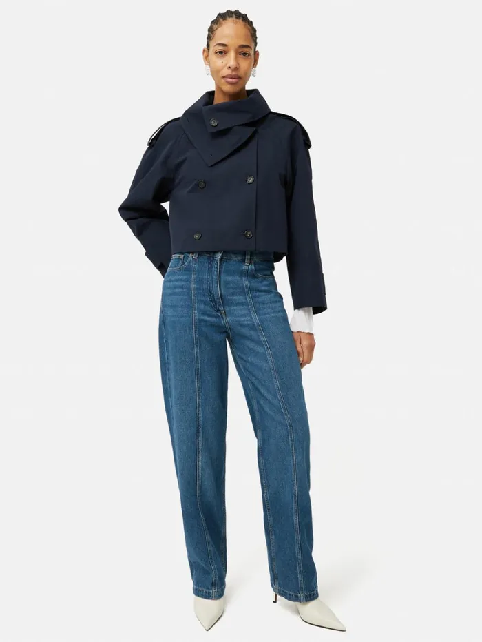 Jigsaw Cropped Cotton Trench Jacket Navy Women Coats and Jackets