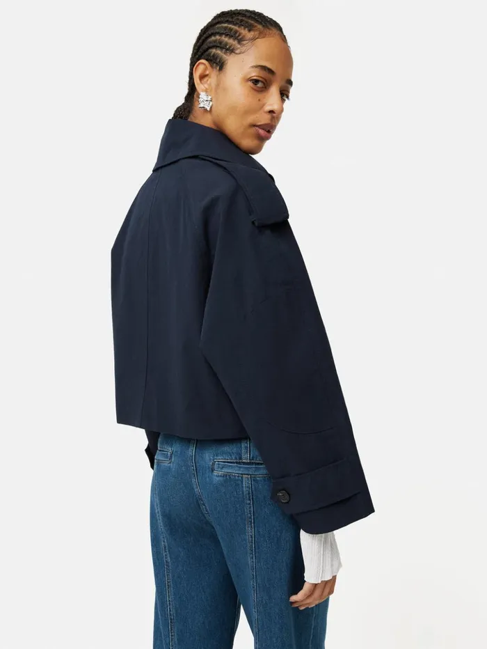 Jigsaw Cropped Cotton Trench Jacket Navy Women Coats and Jackets