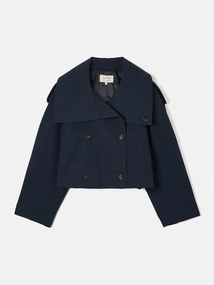 Jigsaw Cropped Cotton Trench Jacket Navy Women Coats and Jackets