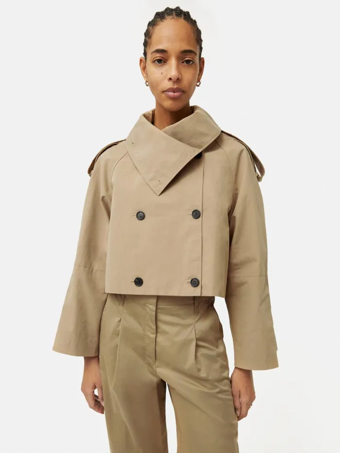 Jigsaw Cropped Cotton Trench Jacket Stone Women Coats and Jackets