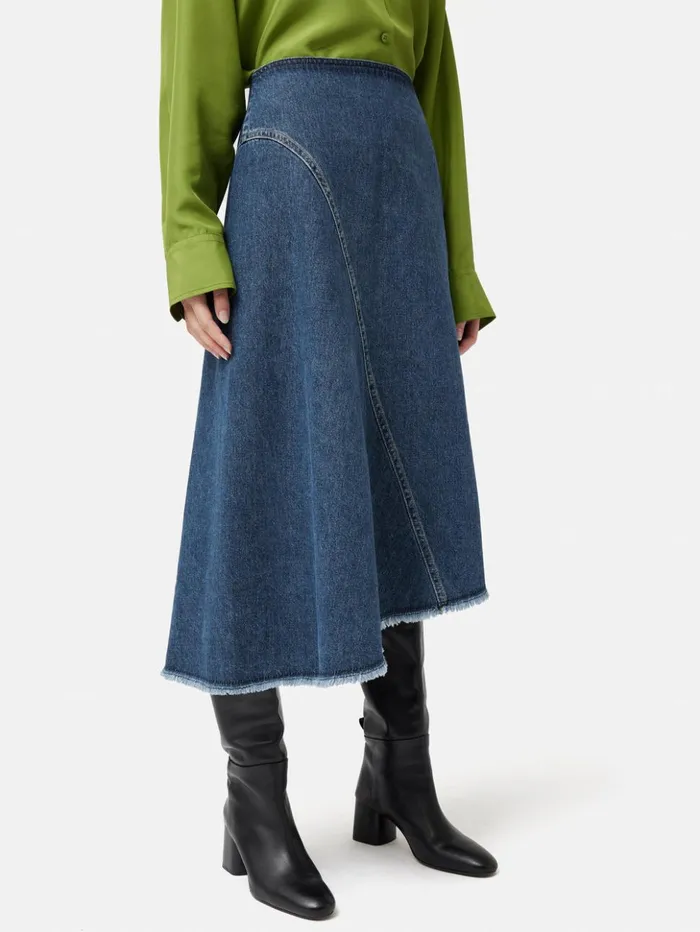 Jigsaw Denim Frayed Midi Skirt Indigo Women Skirts