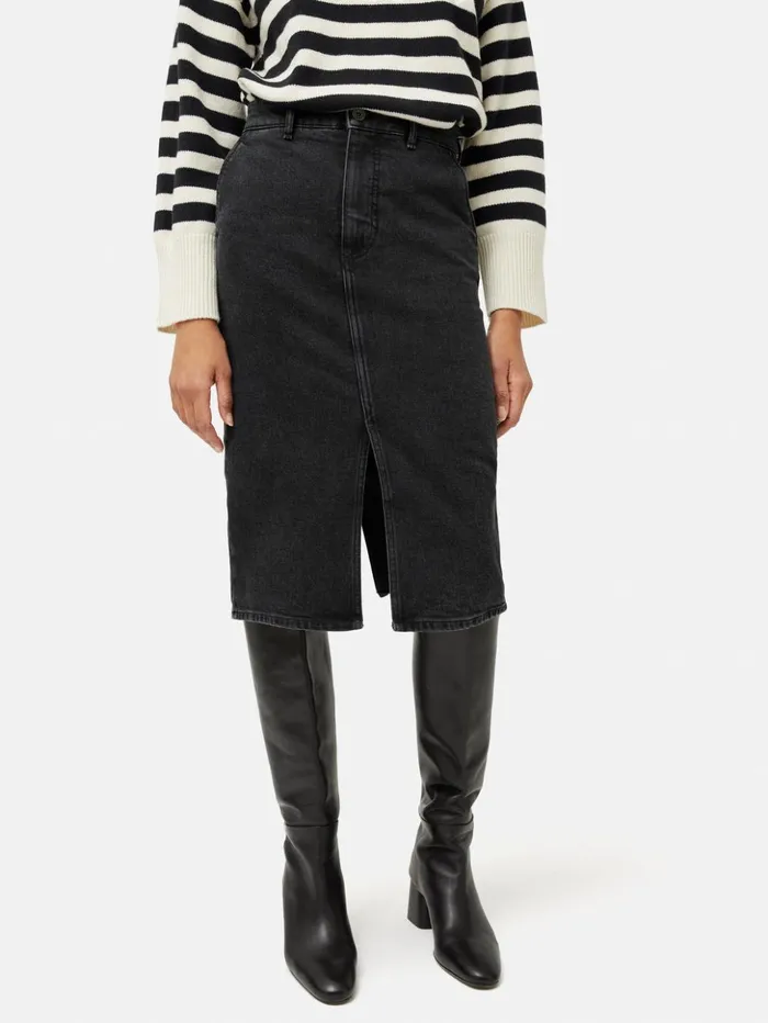 Jigsaw Denim Slit Midi Skirt Washed Black Women Skirts