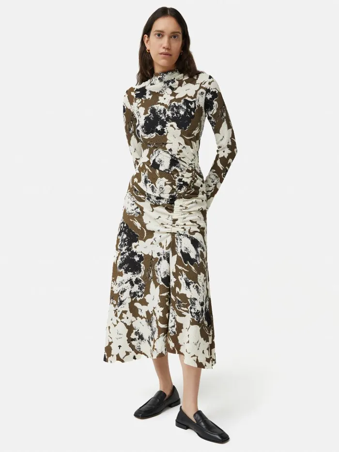 Jigsaw Floral Echo Ruched Dress Khaki Women Dresses and Jumpsuits