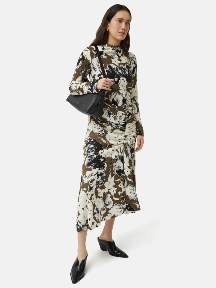 Jigsaw Floral Echo Ruched Dress Khaki Women Dresses and Jumpsuits