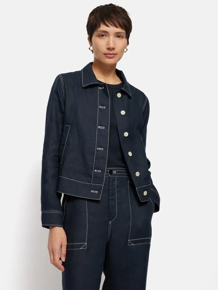 Jigsaw French Linen Cropped Jacket Navy Women Coats and Jackets