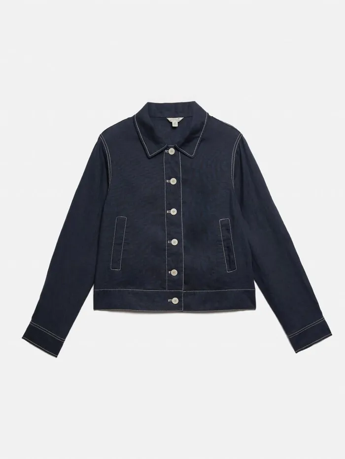 Jigsaw French Linen Cropped Jacket Navy Women Coats and Jackets