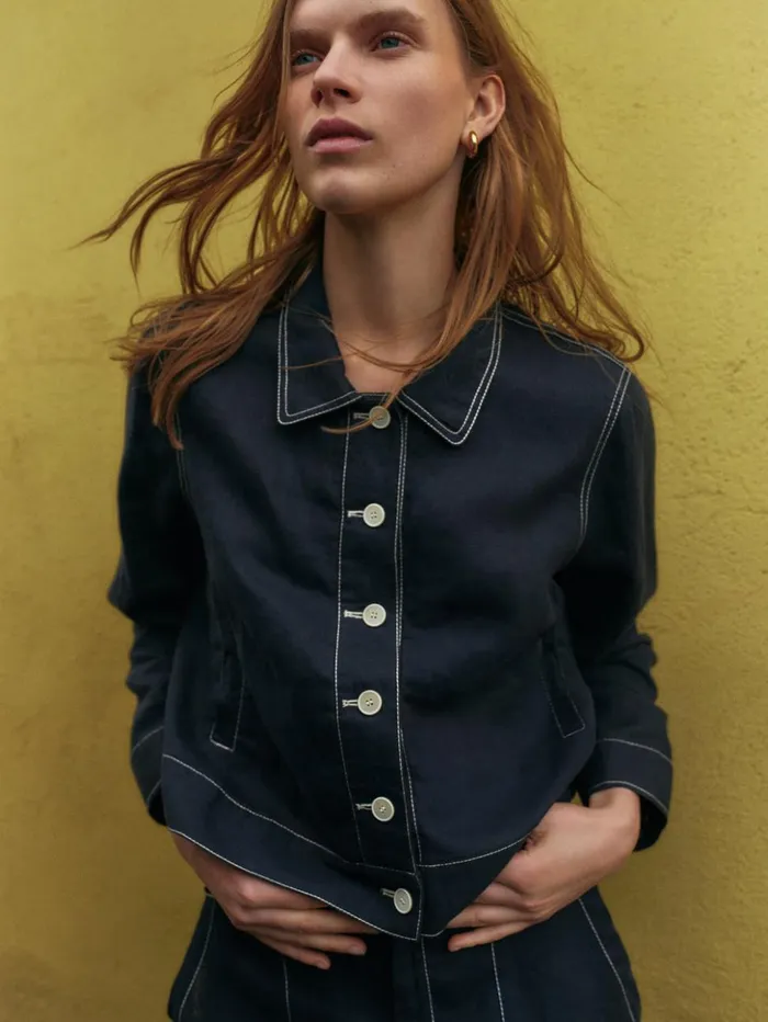 Jigsaw French Linen Cropped Jacket Navy Women Coats and Jackets