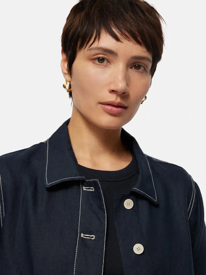 Jigsaw French Linen Cropped Jacket Navy Women Coats and Jackets