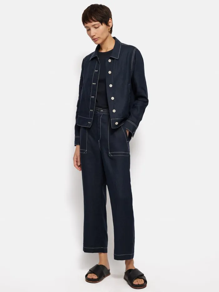 Jigsaw French Linen Cropped Jacket Navy Women Coats and Jackets