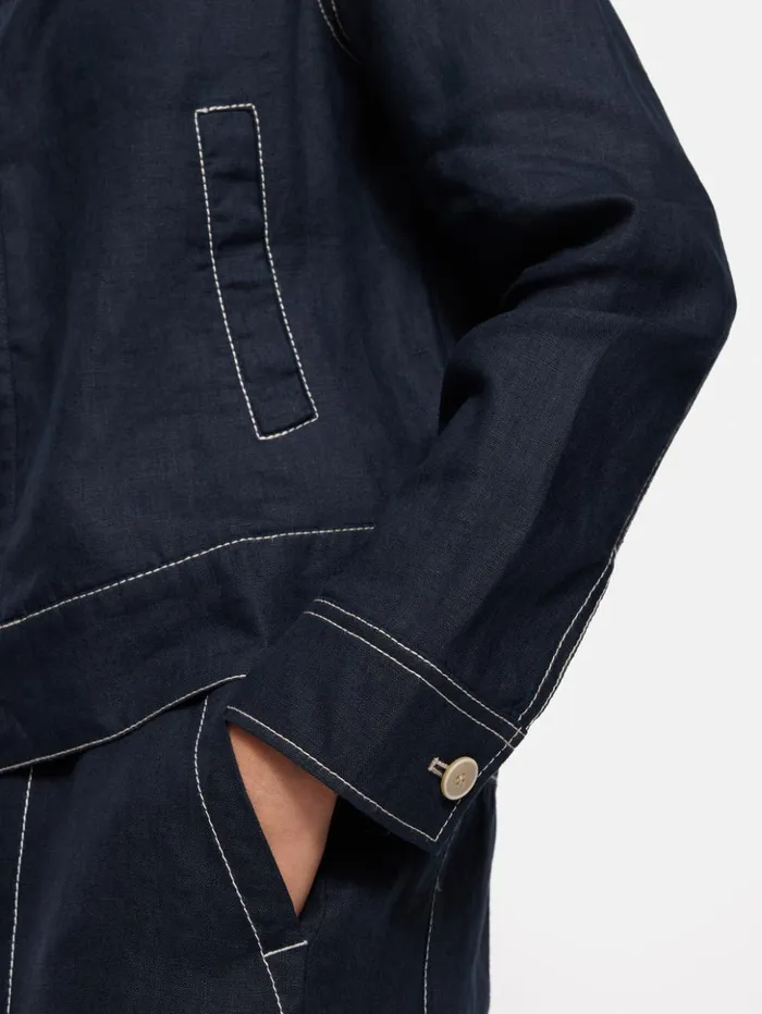 Jigsaw French Linen Cropped Jacket Navy Women Coats and Jackets
