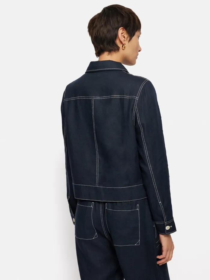 Jigsaw French Linen Cropped Jacket Navy Women Coats and Jackets