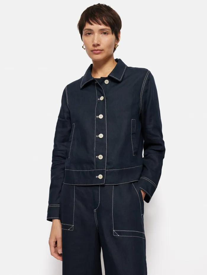 Jigsaw French Linen Cropped Jacket Navy Women Coats and Jackets