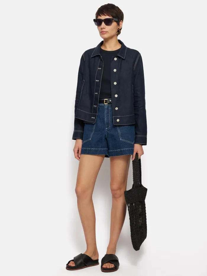 Jigsaw French Linen Cropped Jacket Navy Women Coats and Jackets