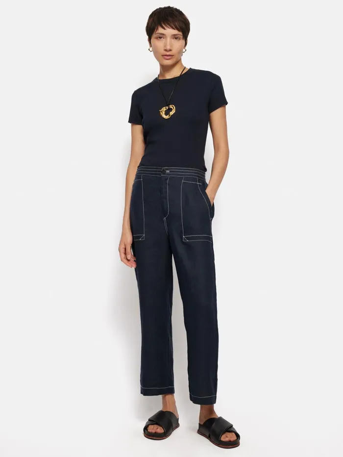 Jigsaw French Linen Cropped Trouser Navy Women Trousers
