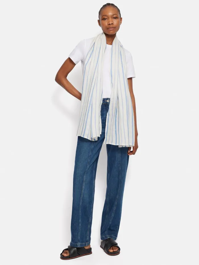 Jigsaw French Linen Stripe Scarf Blue Women Ponchos and Scarves