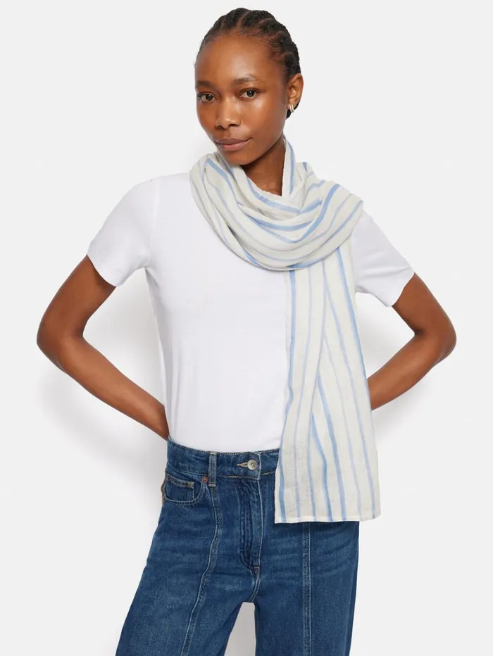 Jigsaw French Linen Stripe Scarf Blue Women Ponchos and Scarves