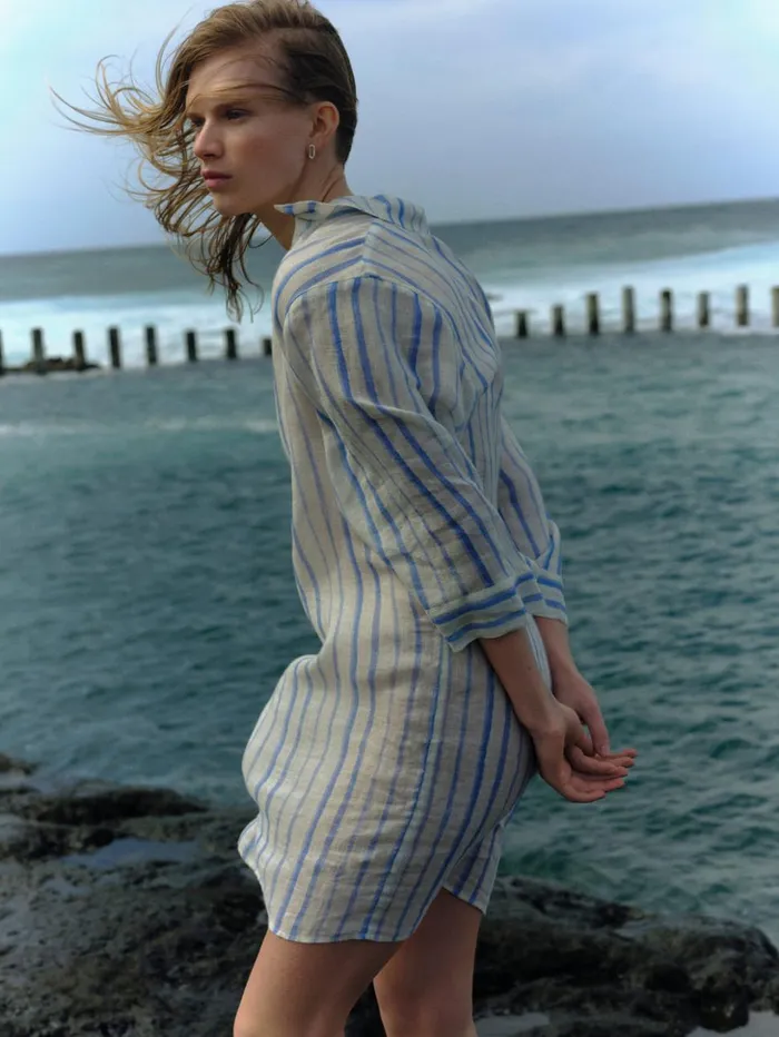 Jigsaw French Linen Stripe Tunic Dress Blue Women Dresses and Jumpsuits