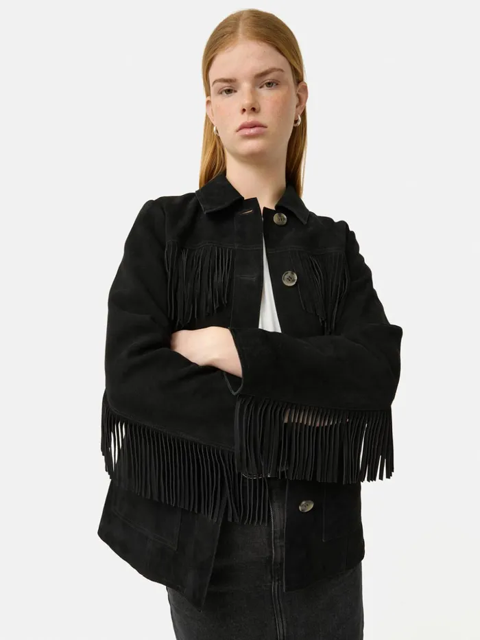 Jigsaw Fringed Suede Jacket Black Women Leather