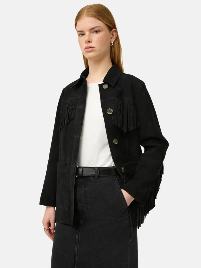 Jigsaw Fringed Suede Jacket Black Women Leather