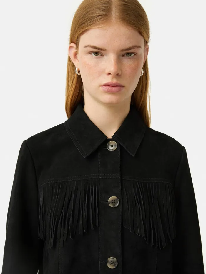 Jigsaw Fringed Suede Jacket Black Women Leather