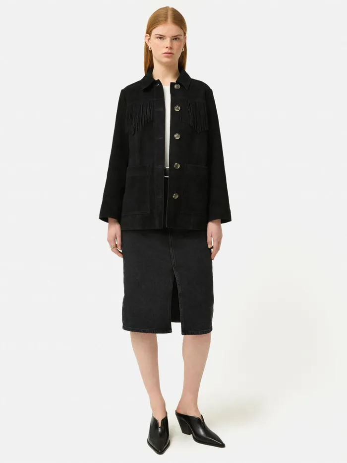 Jigsaw Fringed Suede Jacket Black Women Leather
