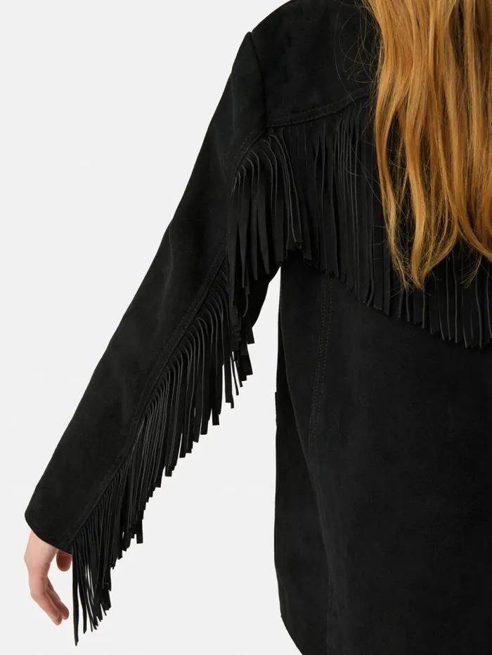 Jigsaw Fringed Suede Jacket Black Women Leather
