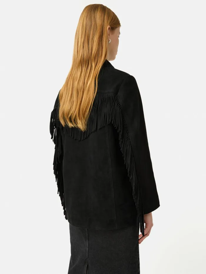 Jigsaw Fringed Suede Jacket Black Women Leather
