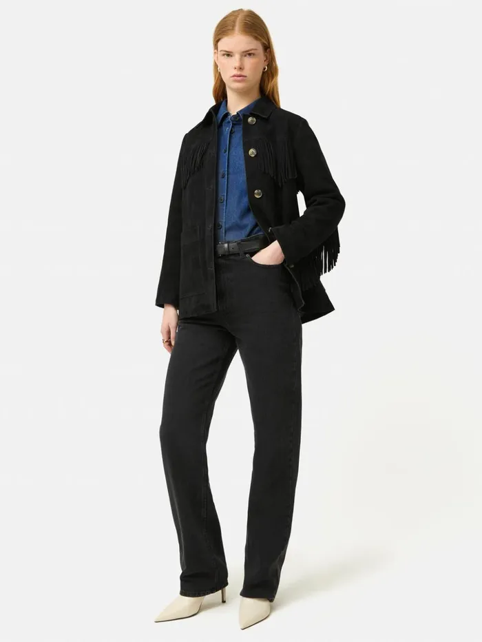 Jigsaw Fringed Suede Jacket Black Women Leather