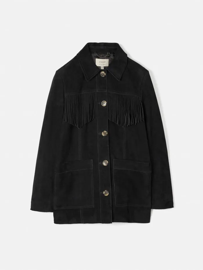 Jigsaw Fringed Suede Jacket Black Women Leather