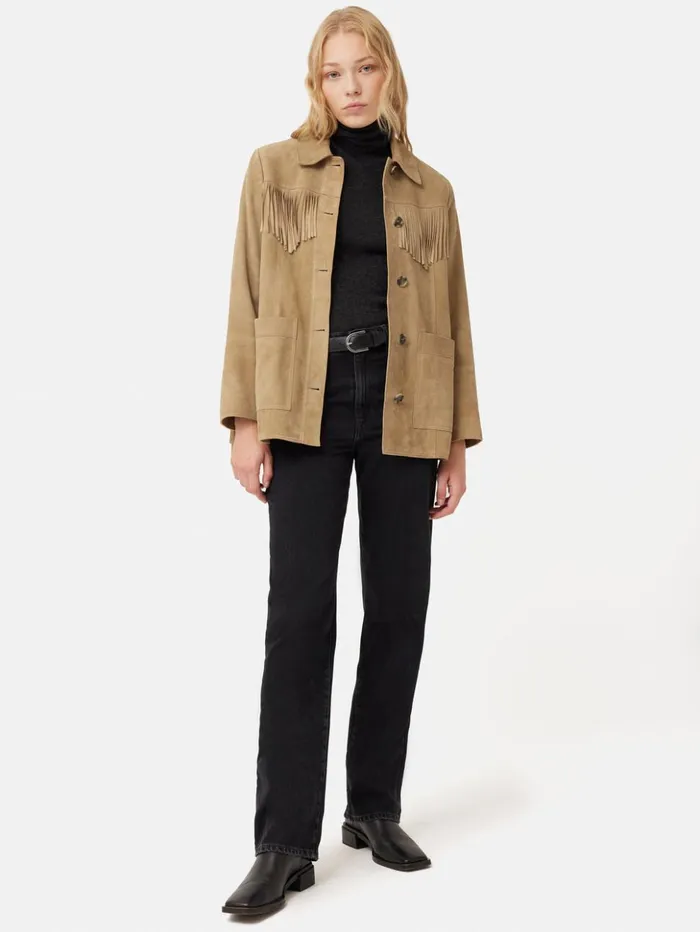 Jigsaw Fringed Suede Jacket Brown Women Leather