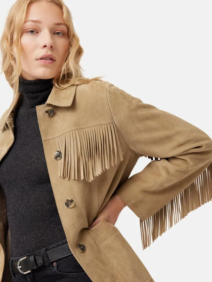 Jigsaw Fringed Suede Jacket Brown Women Leather