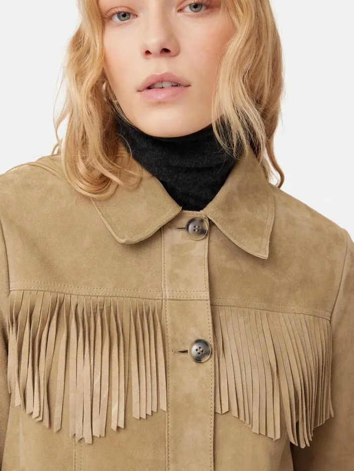 Jigsaw Fringed Suede Jacket Brown Women Leather