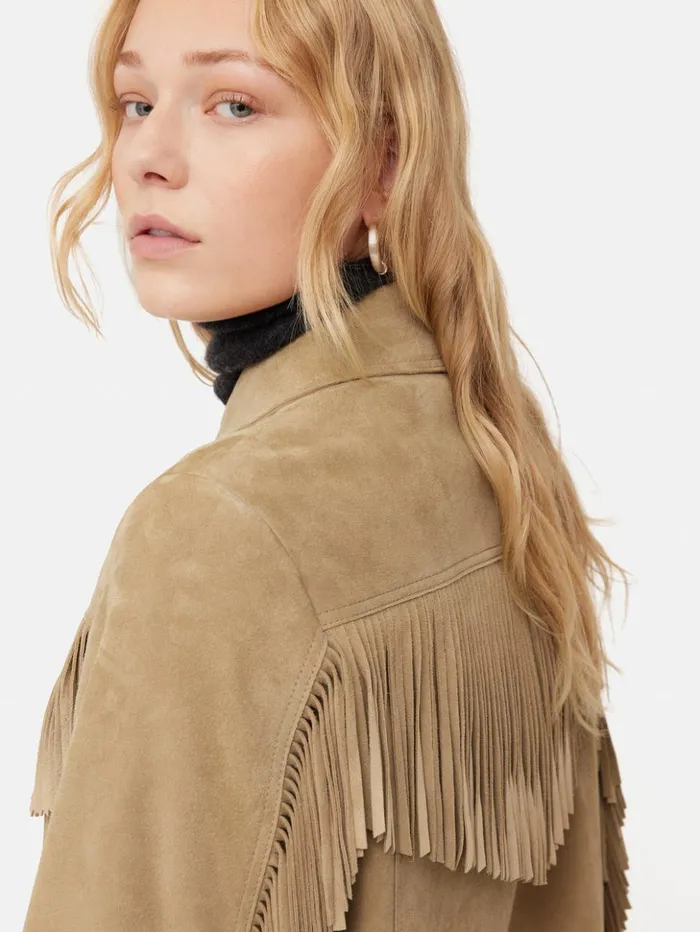 Jigsaw Fringed Suede Jacket Brown Women Leather
