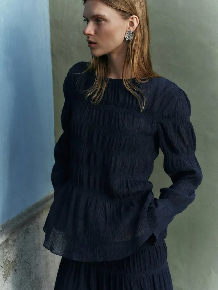 Jigsaw Gauze Viscose Ruched Top Blue Women Shirts and Tops
