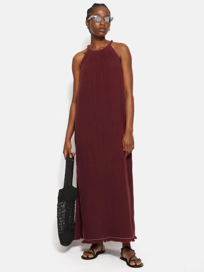 Jigsaw Halter Neck Cheesecloth Dress Burgundy Women Dresses and Jumpsuits